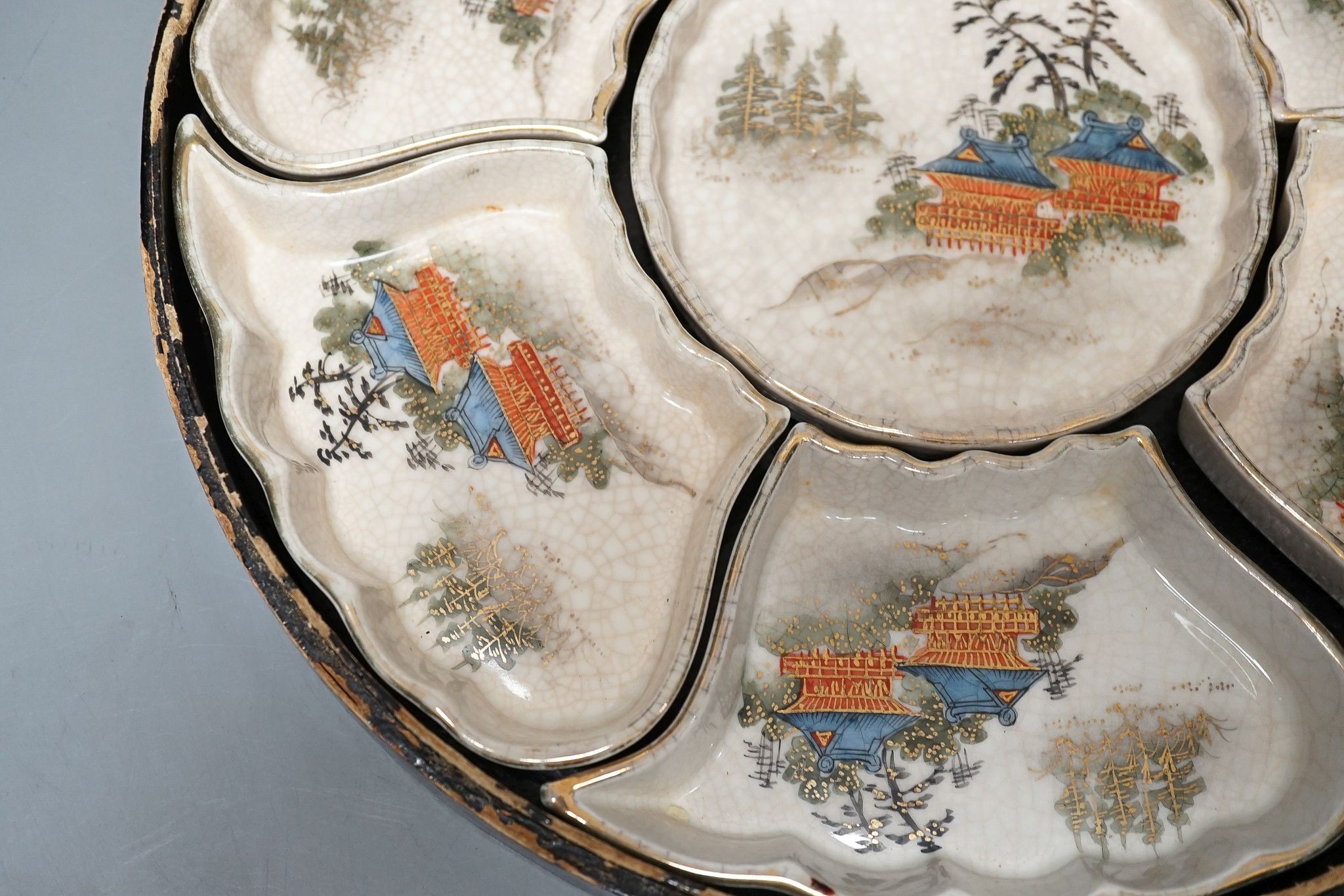 A Japanese green prunus and cracked ice vase and cover and a boxed Satsuma supper set, vase 37cm
